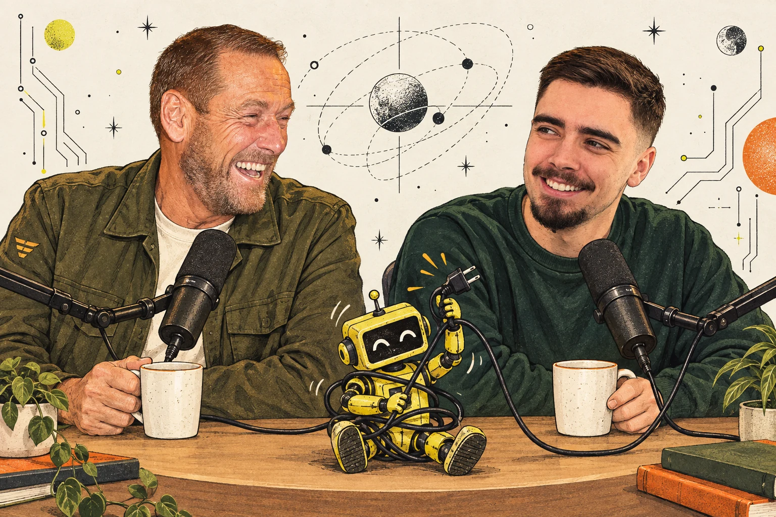 A playful illustration of James and Ryan laughing at a podcast desk, with cups of tea and a small yellow robot tangling with a cable.